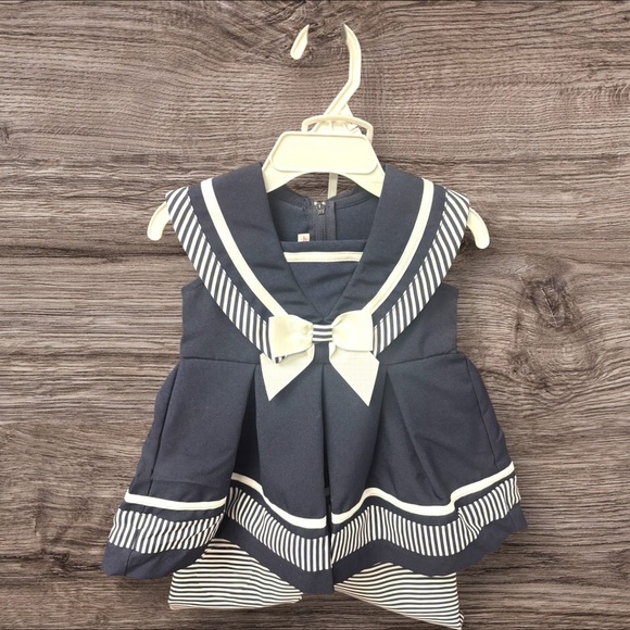 NWT Bonnie Jean 2T Navy White Stripe Ribbon Sailor 2pc Dress&Pants Outfit - Picture 1 of 11